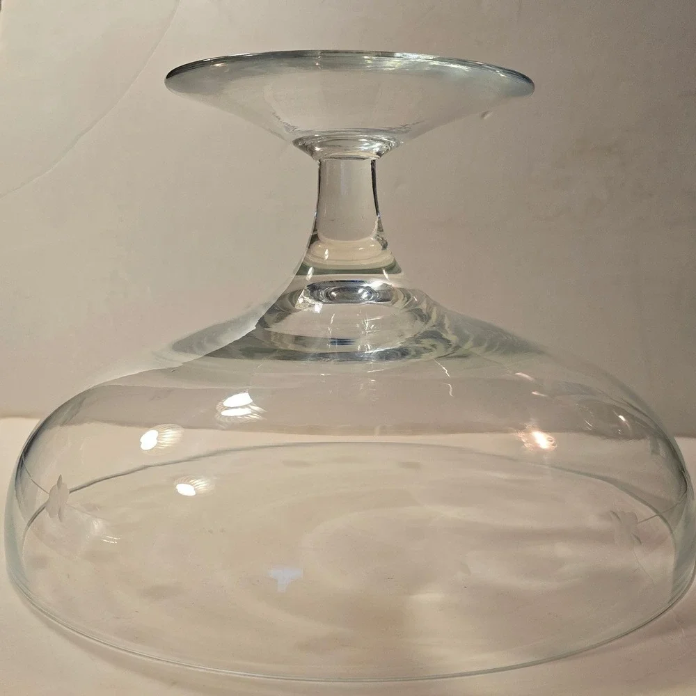 Vintage Clear‎ Etched Floral Glass Pedestal Bowl Footed Trifle Compote Dish 11
